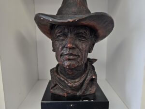 AUSTIN Sculpture — Bronze Cowboy Bust on a Wood Base — About 9″ Tall — Weighs About 5 Pounds