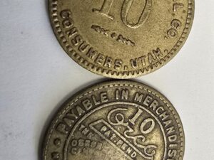 2 Brass Tokens — Blue Blaze Coal Co. — Consumers, Utah — Payable in Merchandise Only