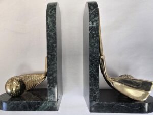 Book Ends — Golf Clubs and Balls — Green Marble — They Weigh Almost 7 Pounds Together — About 8 Inches Tall