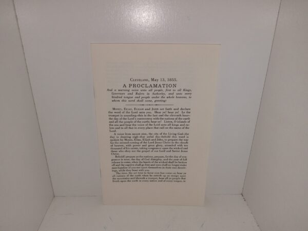 Cleveland, May 13, 1855, A Proclamation: And a Warning Voice Unto All People, First to all kings, Governors and Rulers in Authority, and Unto Every Kindred Tongue and People Under the Whole Heavens, to Whom this Word Shall Come… (Limited to 200 Copies) (2007)