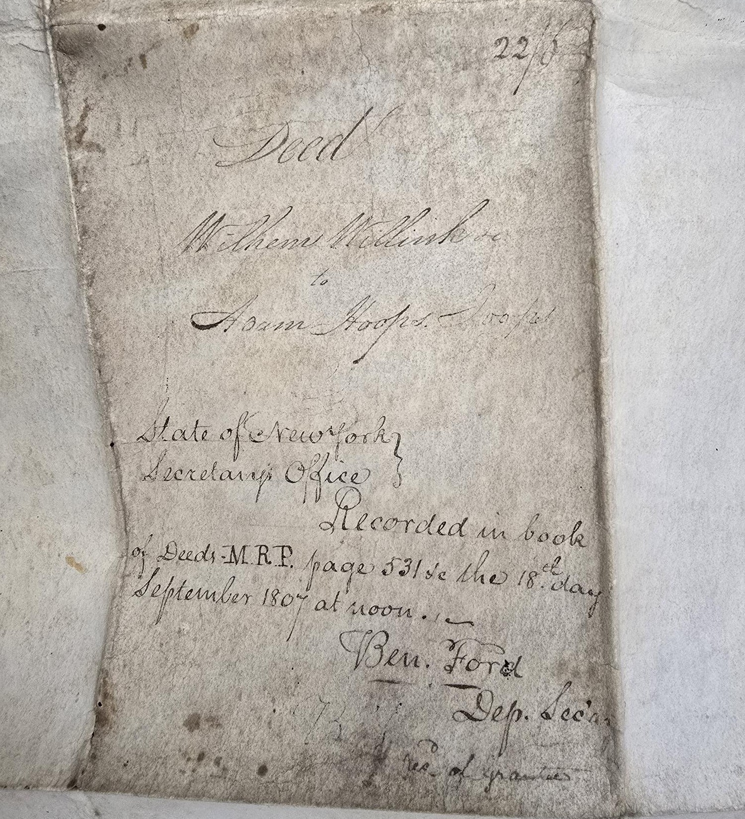 1807 & 1810 Deed & Indenture Contract — Very Large Size — State of New York “Recorded in book of Deeds” on the 18th of September, 1807 — About 2′ Wide & 2.5′ Tall — Signed by Joseph Ellicott & Wilhelm Willink, and Others….