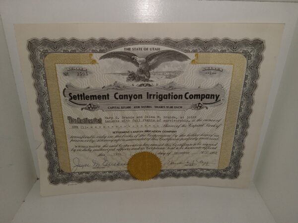 Settlement Canyon Irrigation Company Certificate (1982)