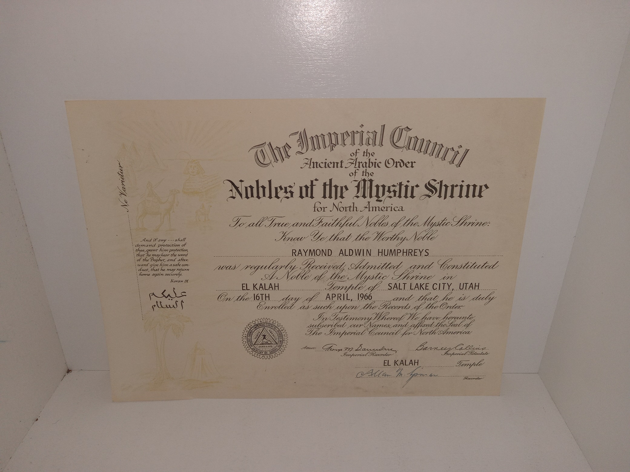 The Imperial Council of the Ancient Arabic Order of the Nobles of the Mystic Shrine for North America (Certificate) (1966)