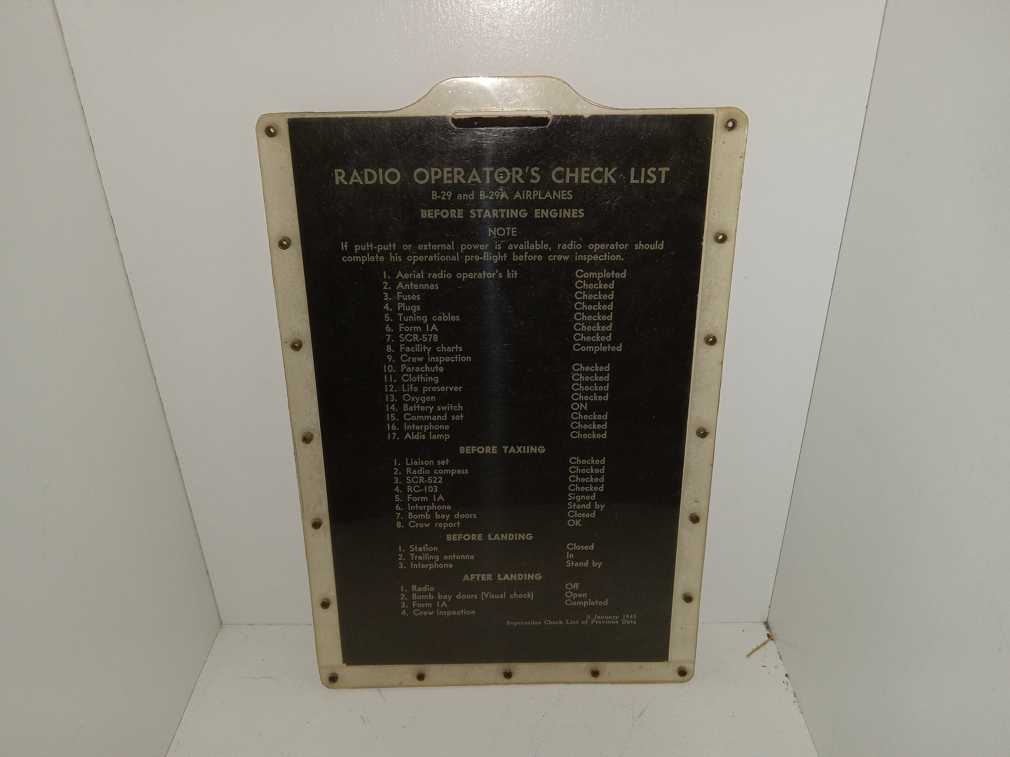 Radio Operator’s Check List: B-29 and B-29A Airplanes: 5 January 1945 (1945)