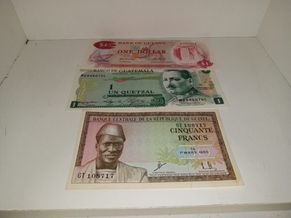 3 Pieces of Foreign Paper Money from Guinea, Guatemala, and Guyana