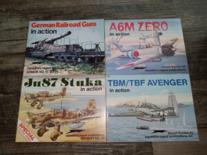 4 Squadron/Signal publications Books about Military Vehicles: German Railroad Guns in Action / A6M Zero in Action / Ju87 Stuka in Action / TBM/TBF Avenger in Action (See Details)