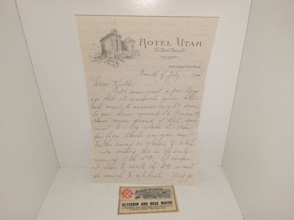 Letter written on Hotel Utah Stationary Dated for 1935, and an Old Label