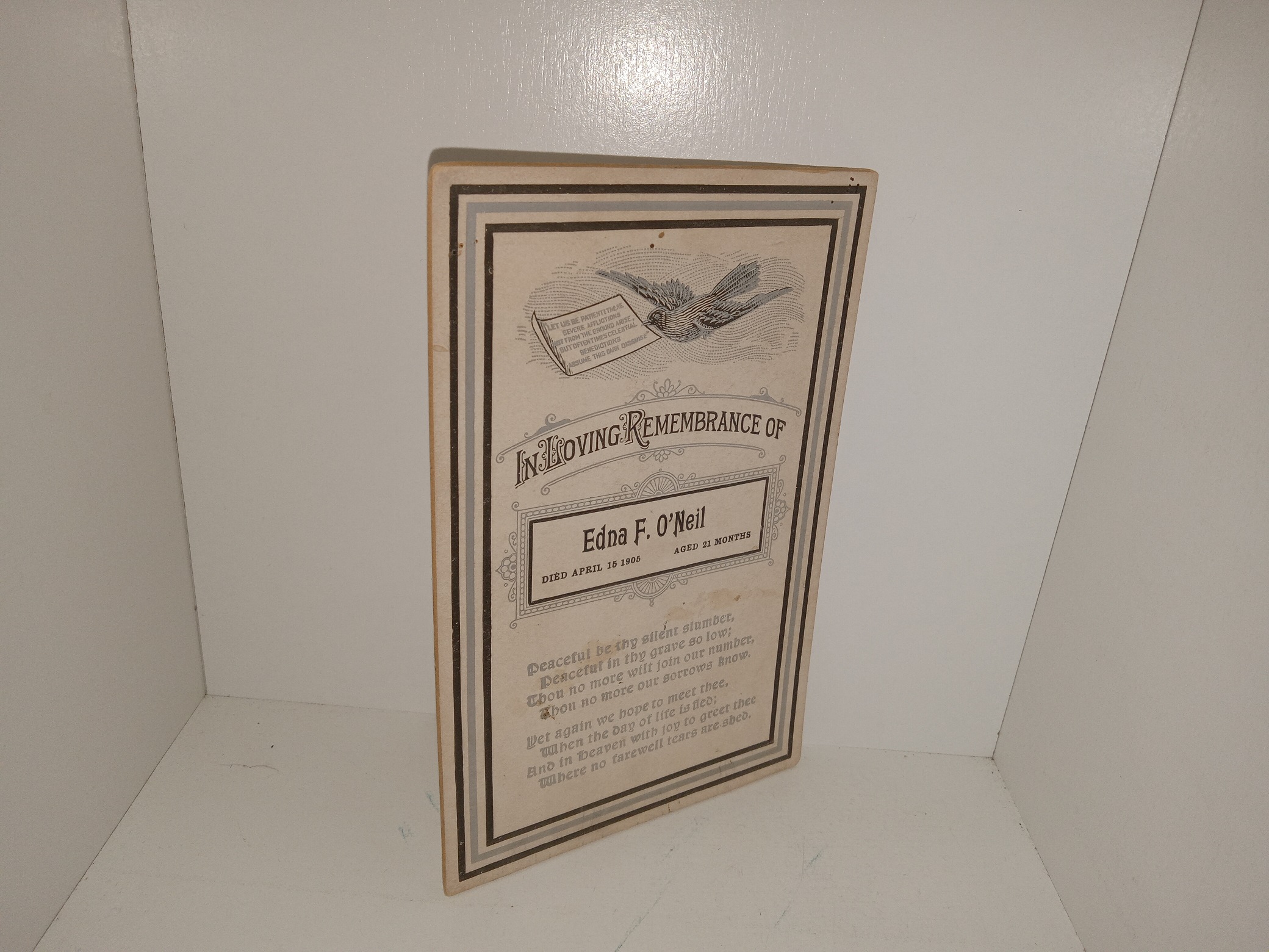 In Loving Remembrance of Edna F. O’Neil: Died April 15 1905, Aged 21 Months Funeral Card (1905)