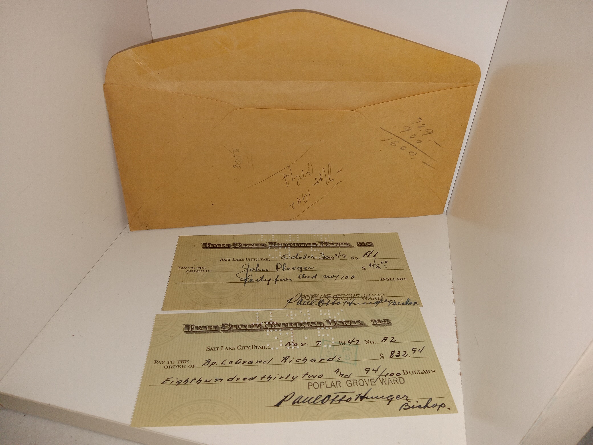 2 Old Utah Bank Checks w/ Envelope (Dated 1942)