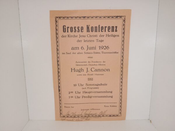 German, LDS Flyer: Grosse Konferenz der Kirche Jesu Chrisi der Heiligen der letzten Tage am 6. Juni 1926 im Saal der alten Schiess-Stätte, Theresienhöhe (1926)