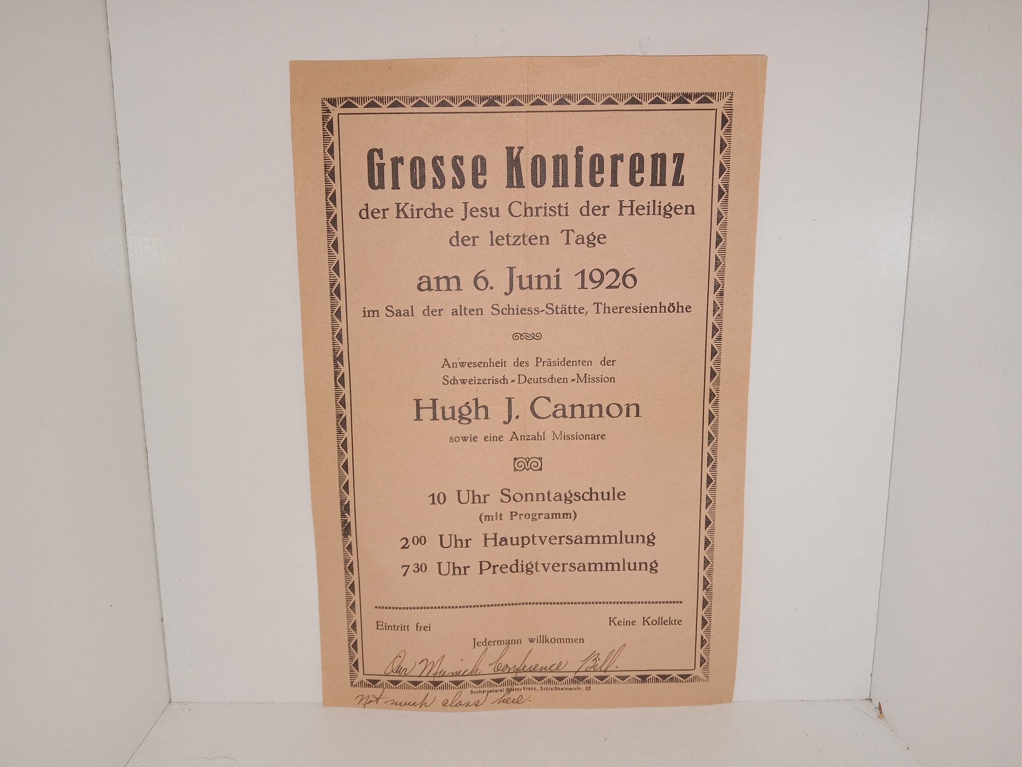 German, LDS Flyer: Grosse Konferenz der Kirche Jesu Chrisi der Heiligen der letzten Tage am 6. Juni 1926 im Saal der alten Schiess-Stätte, Theresienhöhe (1926)