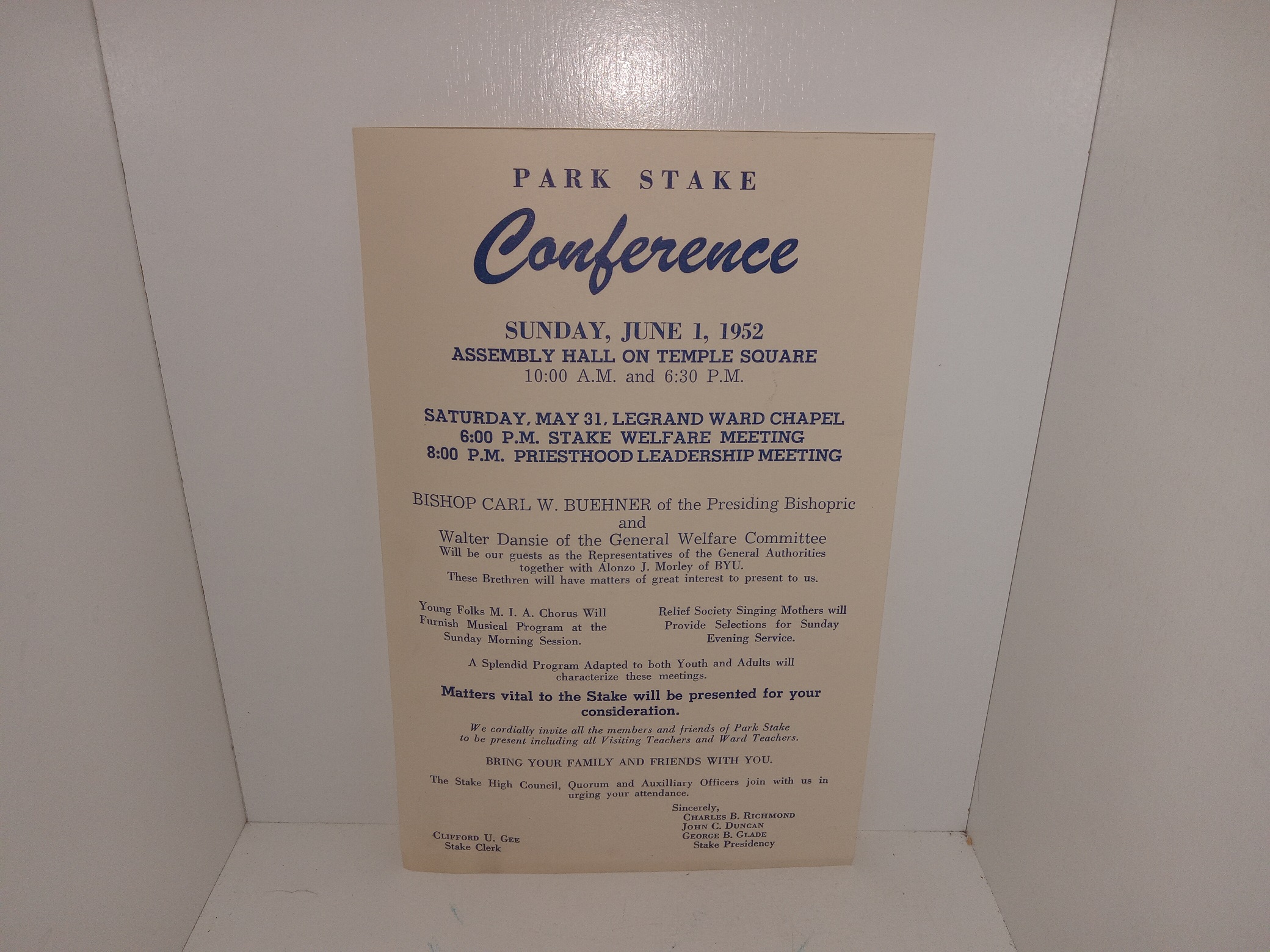 LDS Broadside: Park Stake Conference: Sunday, June 1, 1952, Assembly Hall on Temple Square 10: A.M. and 6:30 P.M. (1952)