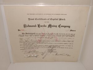 Trust Certificate of Capital Stock of the Richmond-Eureka Mining Company Dated for 1906