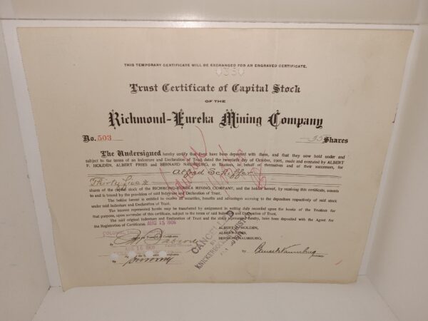 Trust Certificate of Capital Stock of the Richmond-Eureka Mining Company Dated for 1906