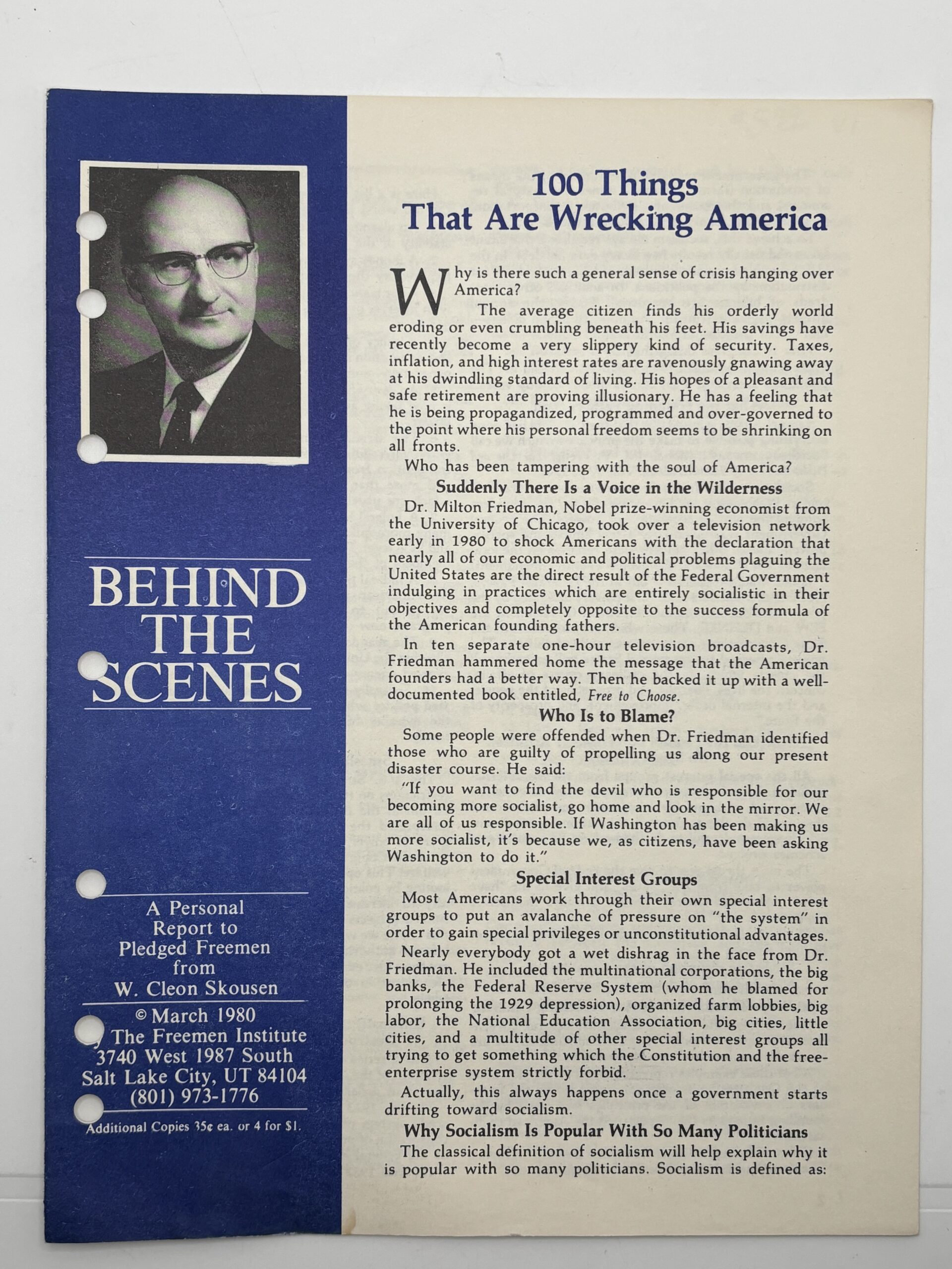 Behind the Scenes – “100 Things that are Wrecking America” March, 1980 by W Cleon Skousen