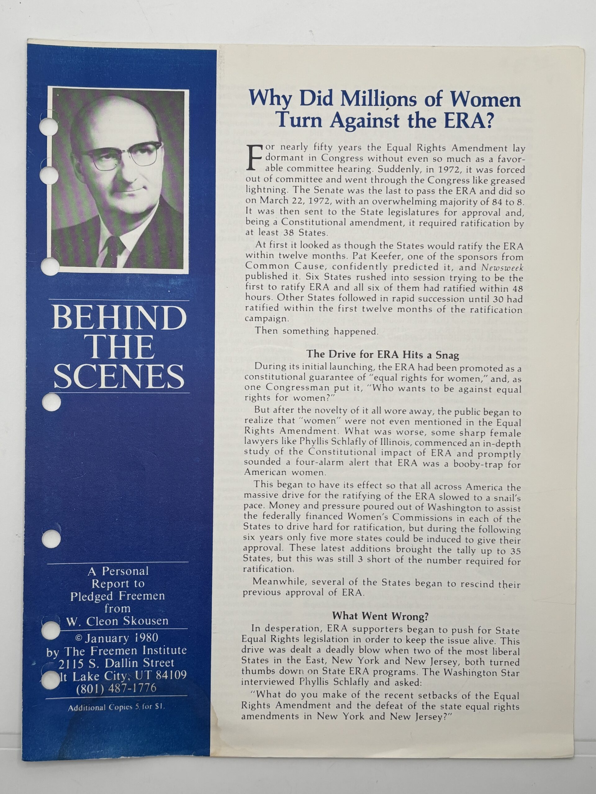 Behind the Scenes – “Why Did Millions of Women Turn Against ERA?” January, 1980 by W Cleon Skousen