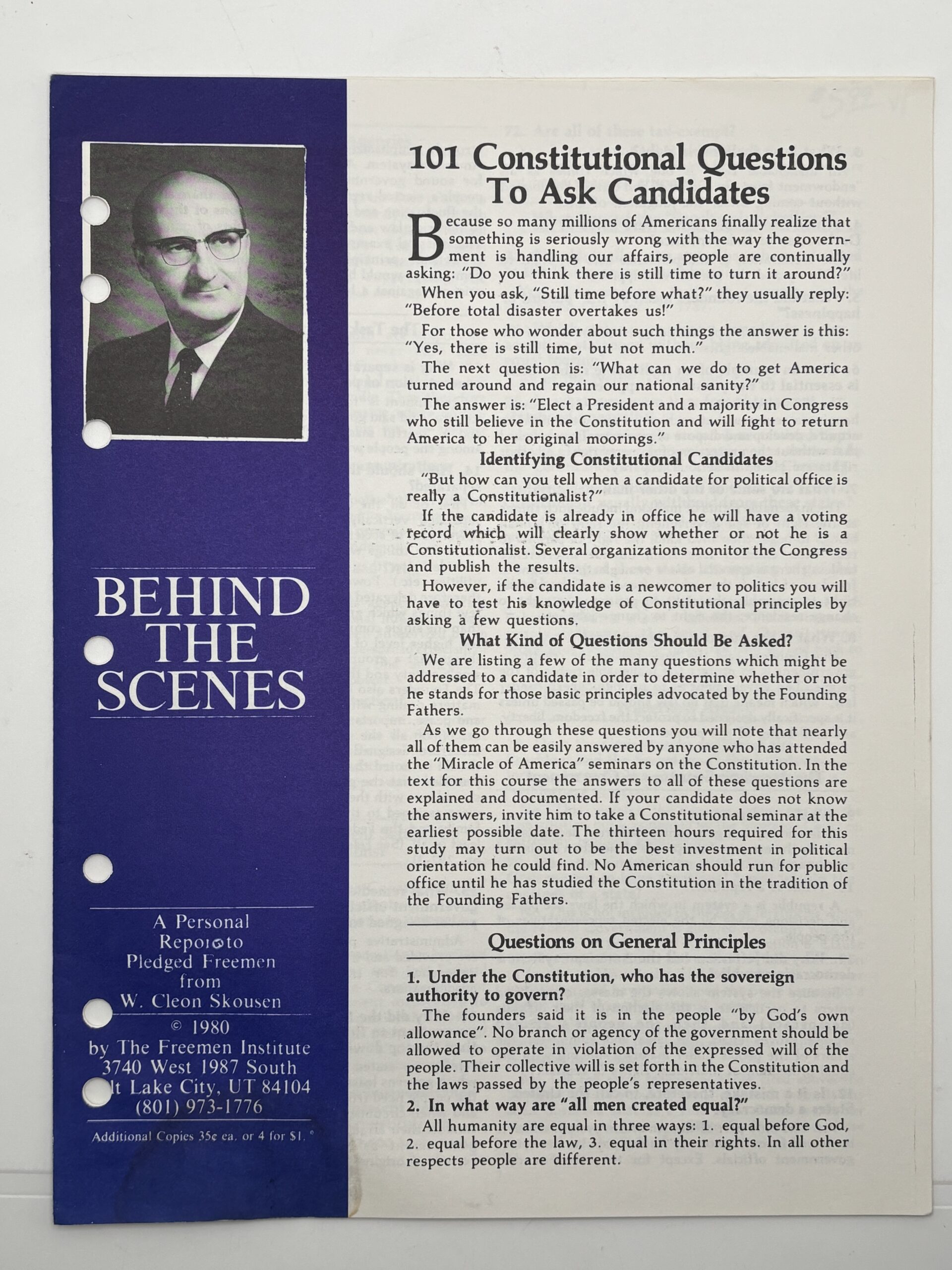 Behind the Scenes – “101 Constitutional Questions to Ask Candidates” 1980 by W Cleon Skousen