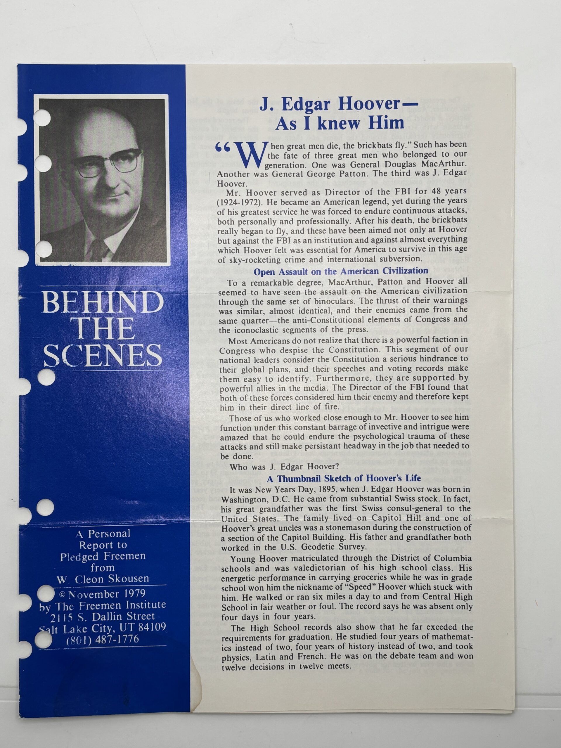 Behind the Scenes – “J. Edgar Hoover – As I knew Him” November, 1979 by W Cleon Skousen