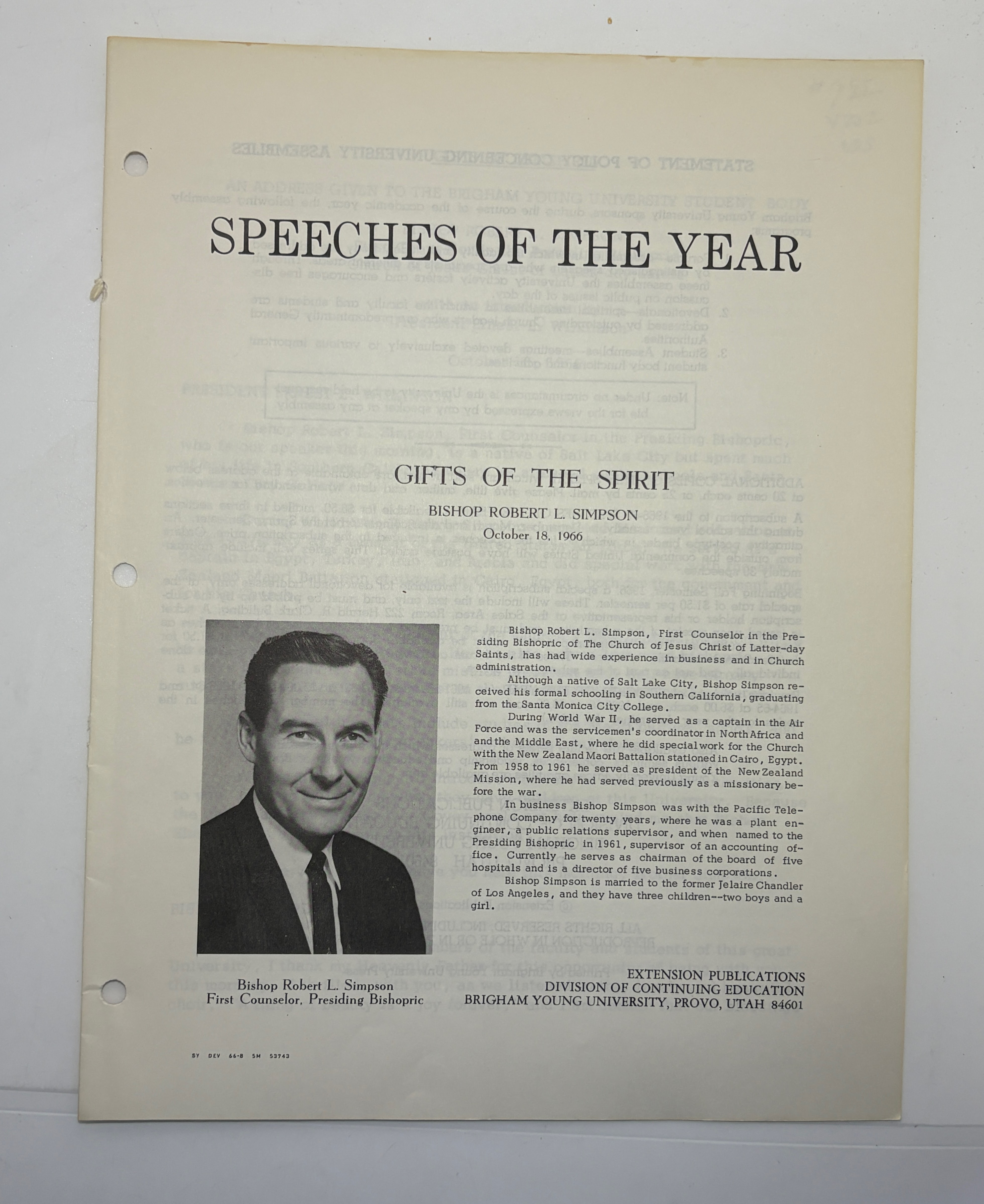 Speeches of The Year – Gifts of The Spirit by Bishop Robert L. Simpson October 18, 1966