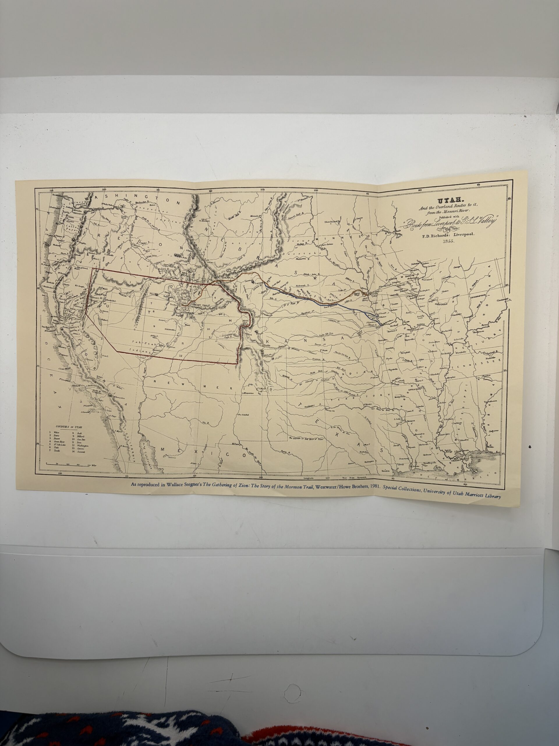 Overland routes to Utah map, 1855. FD Richards, Liverpool