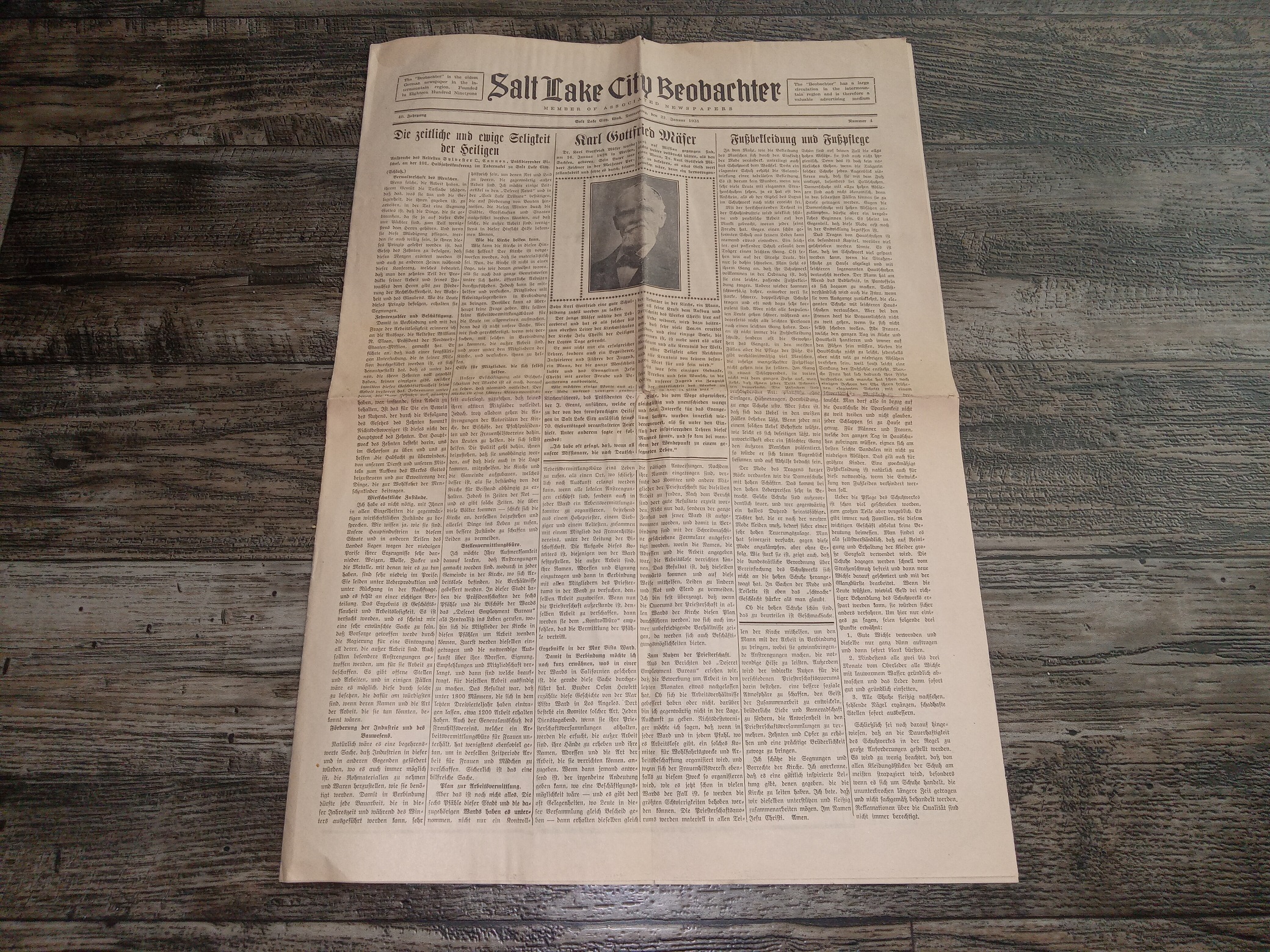 LDS Newspaper in German (Salt Lake City Beobachter: Jahrgang 40, Nummer 4, Salt lake City, Utah, Donnerstag, ben 22, Januar 1931)