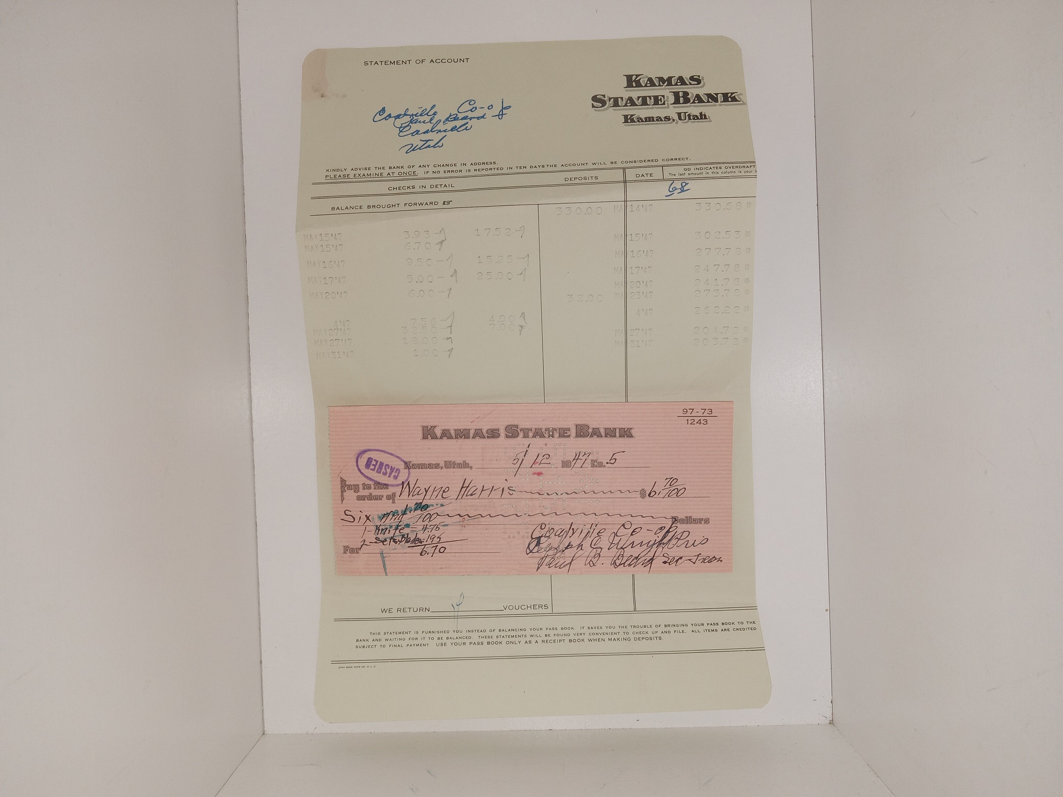 A Kamas State Bank “Statement of Account” and Kamas State Bank Check