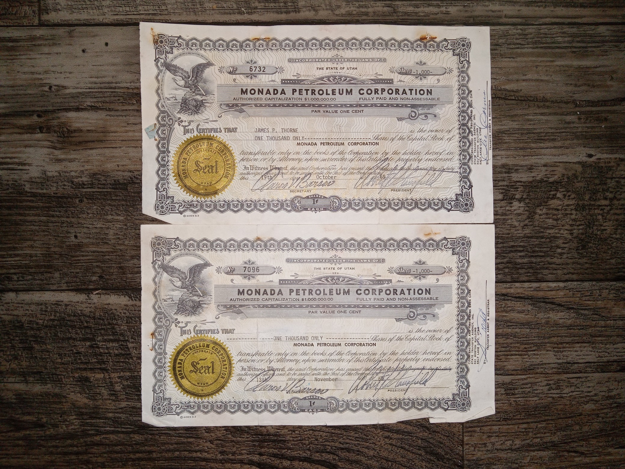2 Monada Petroleum Corporation Stock Certificates (Dated October 19, 1969)