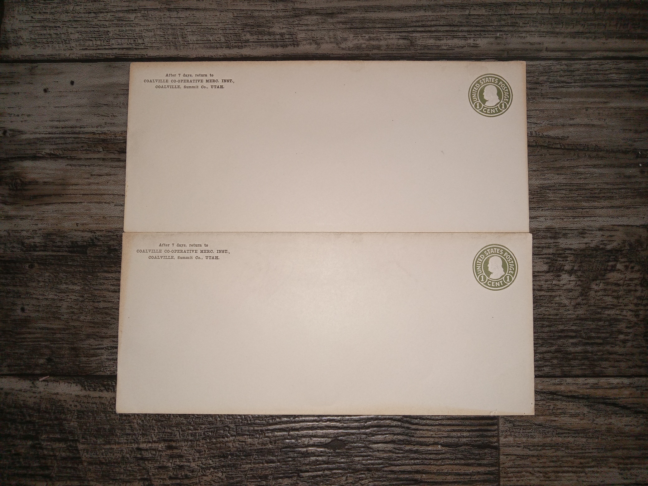 2 Unused Envelopes with Stamps — Coalville Co-Operable Merc. Inst., Coalville, Utah