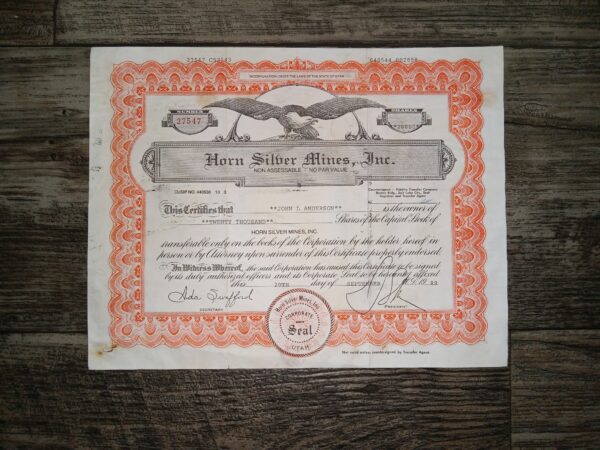 Horn Silver Mines, Inc. Stock Certificate (Dated September 20, 1989)