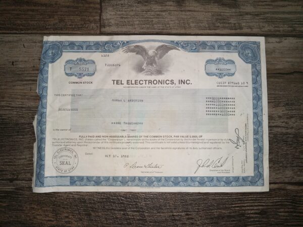 Tel Electronics, Inc. Stock Certificate (Dated Oct. 17, 1988)