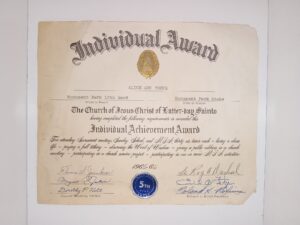 LDS Individual Award for Alice Ann Young (Certificate) (1965-1966)