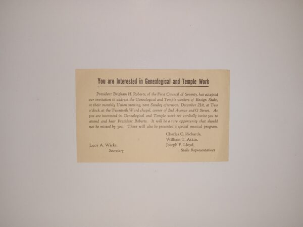 LDS “You are Interested in Genealogical and Temple Work” Invitation to Speak to Genealogical and Temple Workers of the Ensign Stake
