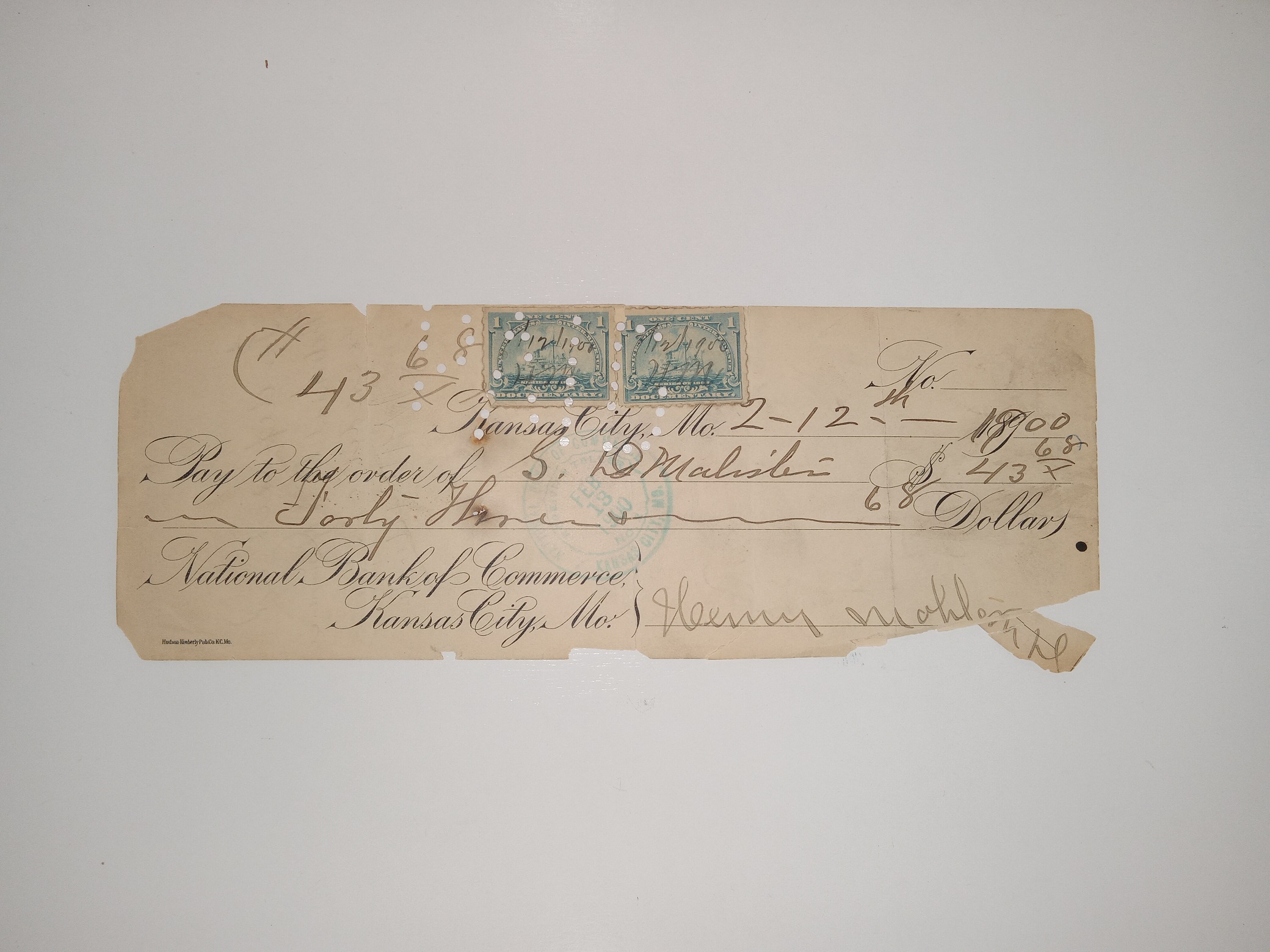 Check from 1900 Kansas City, MO National Bank of Commerce