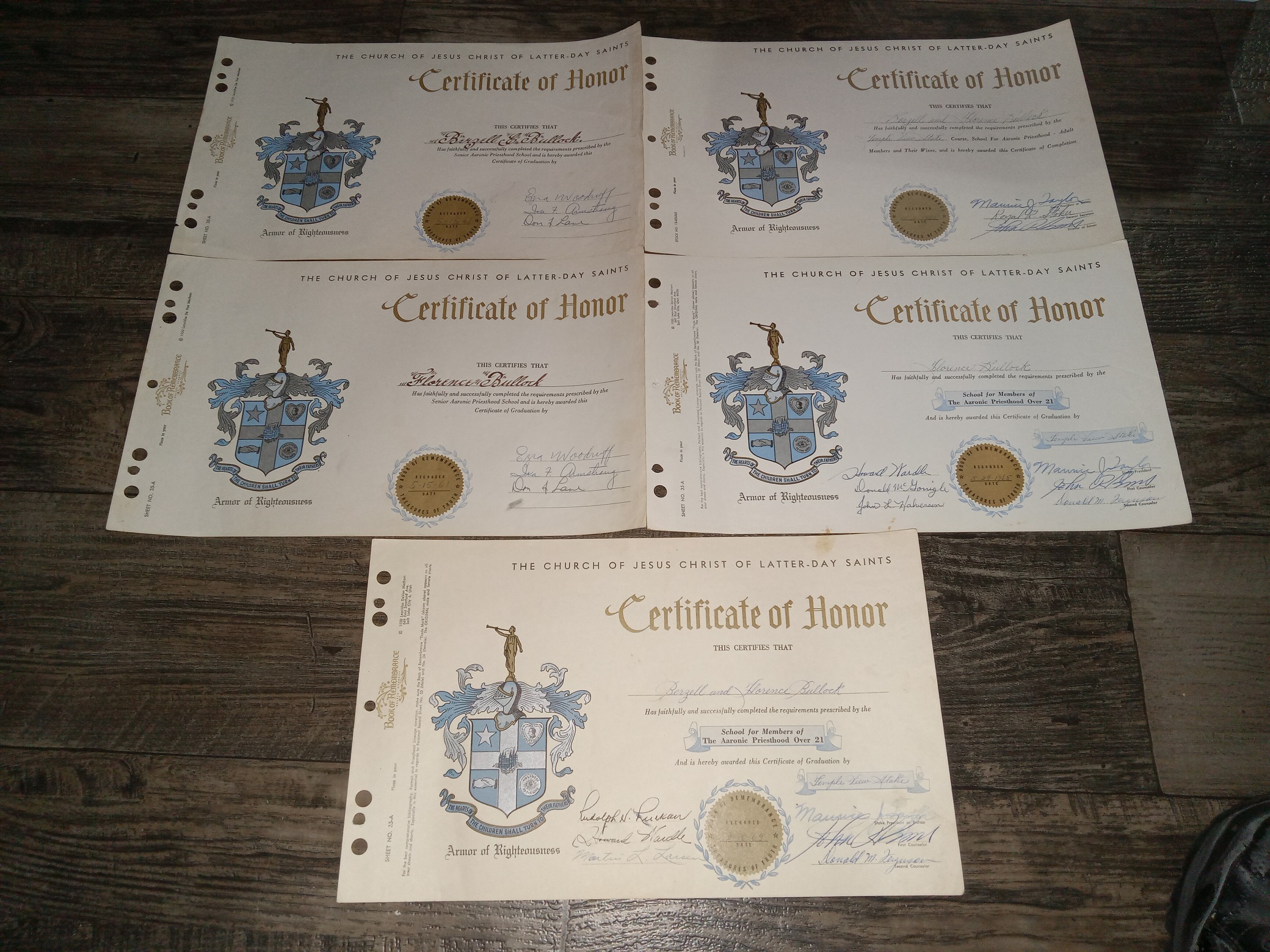 5 Certificates of Honor for Various Persons (Dates Range from 1961-1965)
