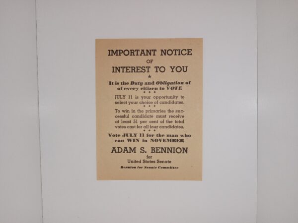 Election Flyer for the Campaign of Adam S. Bennion for United States Senate (Unknown Printing Date)