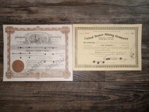 2 Old Stock Certificates for United States Mining Company, and King David Mining Company