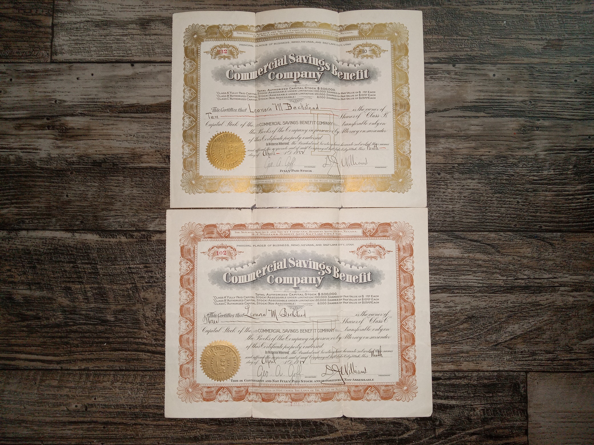 2 Stock Certificates from Commercial Savings Benefit Company
