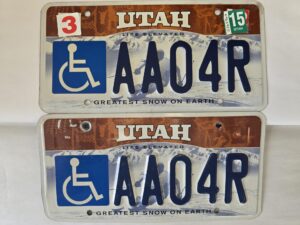 2 Utah License Plates — With Wheelchair Symbol — Matching Pair — AA04R