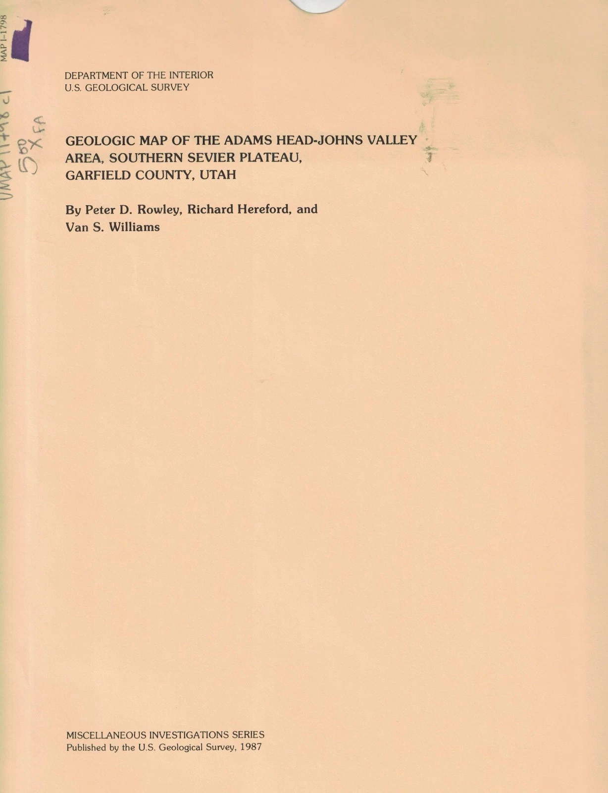 Geologic Map of the Adams Head-Johns Valley Area, Southern Sevier Plateau