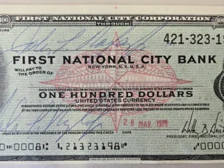 1973 First National City Bank $100 Travelers Check