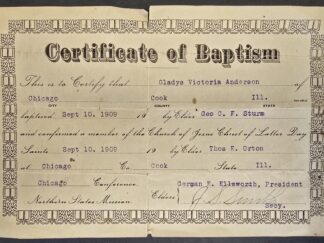 1909 — Mormon Baptismal Certificate