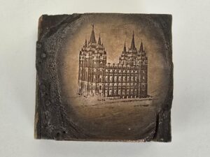 Block of Wood with Salt Lake Mormon Temple Stamp
