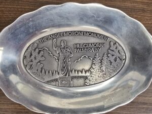 Oblong-Shaped Plate — “The Angel Moroni Monument – Hill Cumorah Palmyra NY” — Made of Pewter