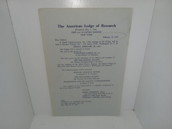 The American Lodge of Research: Warranted May 7, 1931, Free and Accepted Masons New York, February 10, 1964 (Pamphlet) (1964)