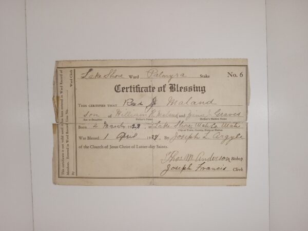 Mormon Certificate of Blessing Given to Reed J. Maland (1928)