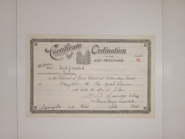 Mormon Certificate of Ordination to the Holy Priesthood Given to Reed J. Maland (1940)