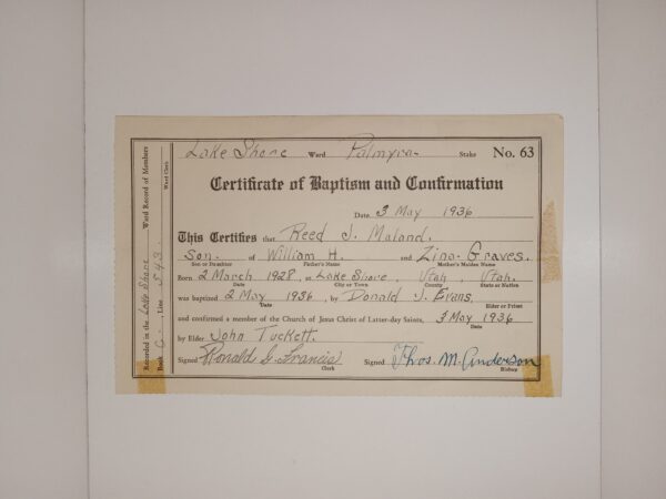 Mormon Certificate of Baptism and Confirmation Given to Reed J. Maland (1936)