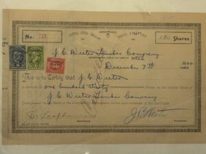 Stock certificate for the J. C. Weeter Lumber Company made out to J. C. Weeter