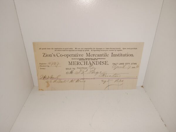 Zion’s Co-operative Mercantile Institution Merchandise Receipt (Filled Out in 1896)