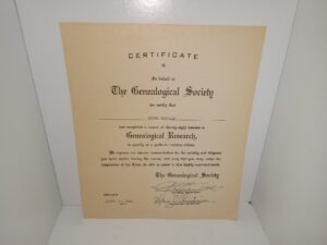 Certificate In Behalf of The Genealogical Society (Filled Out 1954 for Norma Metcalf)